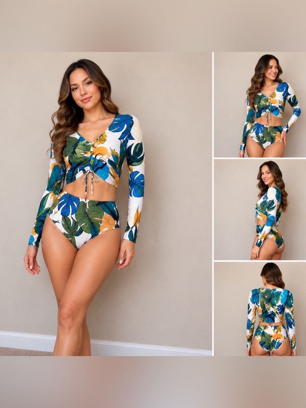 CALIA Tropical Long Sleeve Ruched Rash Guard Swim Set M Top S High Rise Bottoms